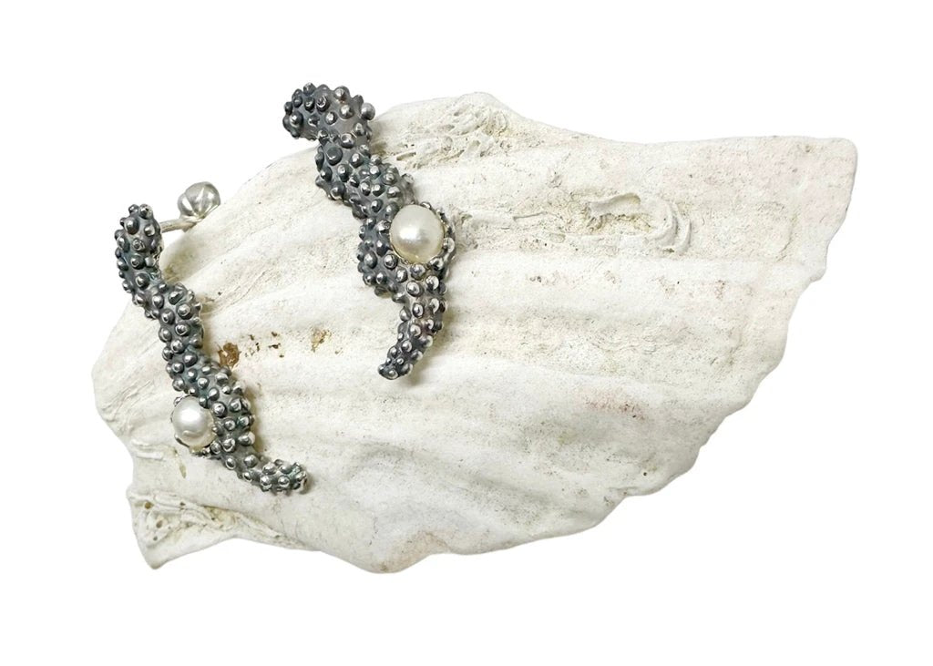 Pearl Stud Earrings - Ocean-Inspired Sterling Silver Design