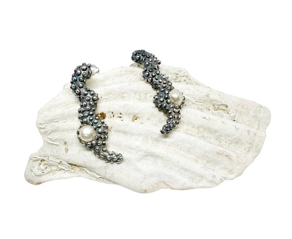 Pearl Stud Earrings - Ocean-Inspired Sterling Silver Design