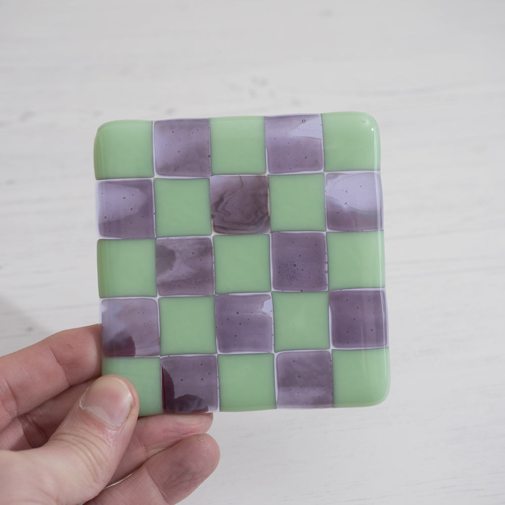 10cm Mint Green & Transparent Lavender with Amethyst/White Chequered Coaster - Bullseye Collection