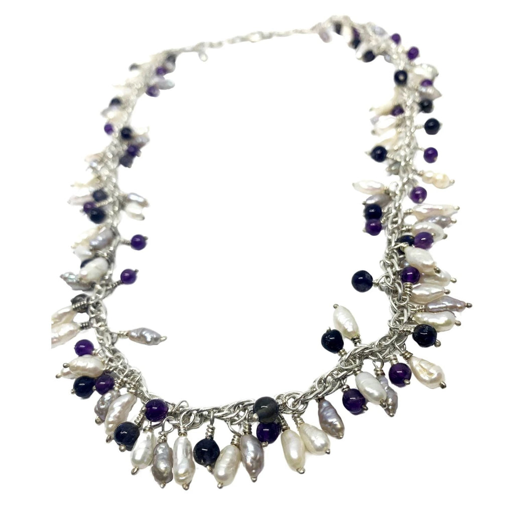 Freshwater Pearl Necklace - Handcrafted with Amethyst & Iolite by Tg-Jewellery By Tamara Gervasio (grappolo-necklace-freshwater-pearls-gemstones)