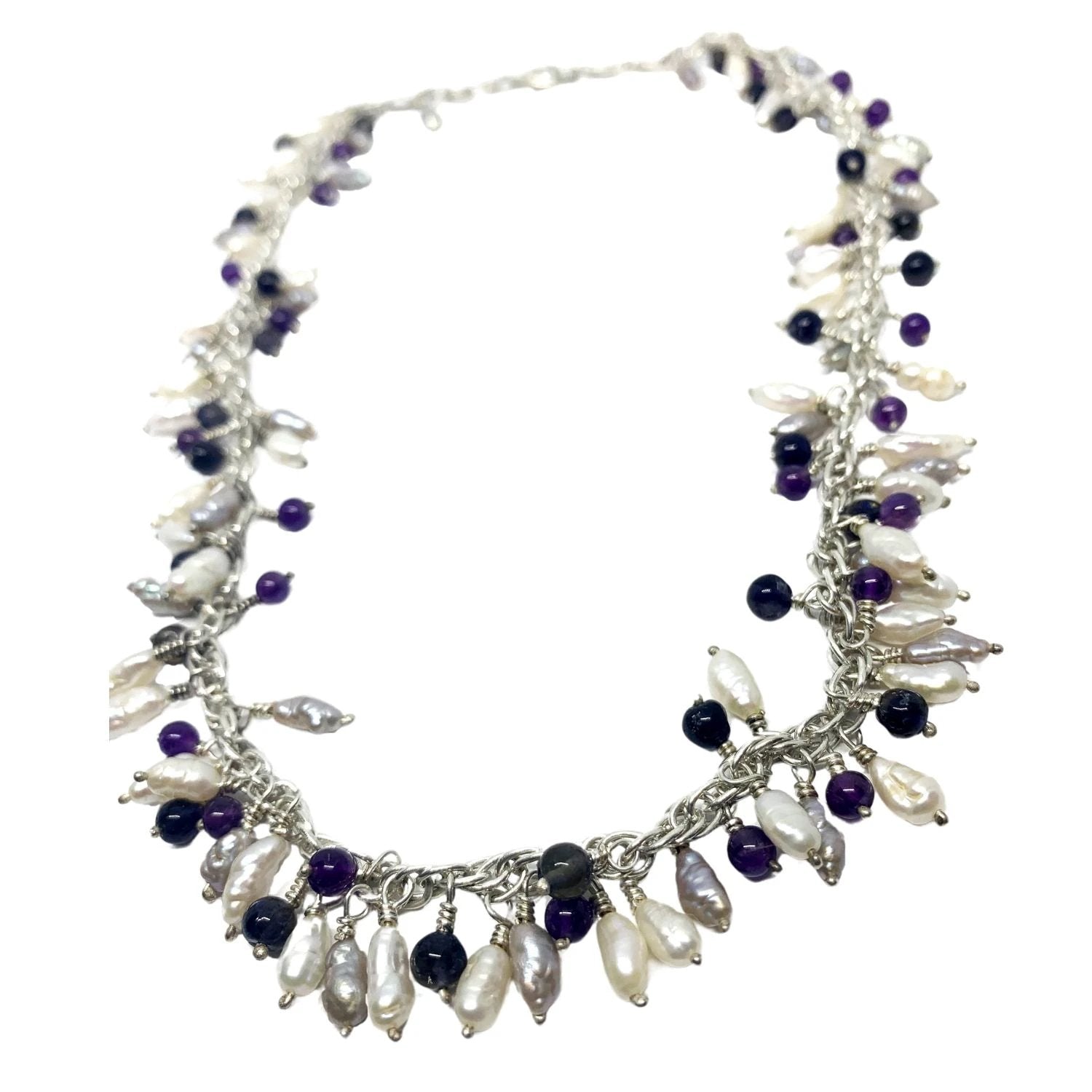 Freshwater Pearl Necklace - Handcrafted with Amethyst & Iolite by Tg-Jewellery By Tamara Gervasio (grappolo-necklace-freshwater-pearls-gemstones)