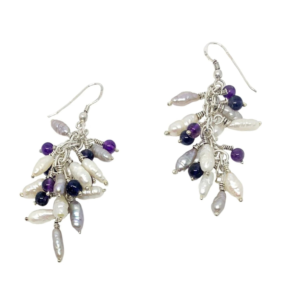 Gemstone Drop Earrings - Handcrafted Sterling Silver with Pearls by Tg-Jewellery By Tamara Gervasio (grappolo-gemstone-earrings-freshwater-pearls-iolite-amethyst-recycle-sterling-silver)