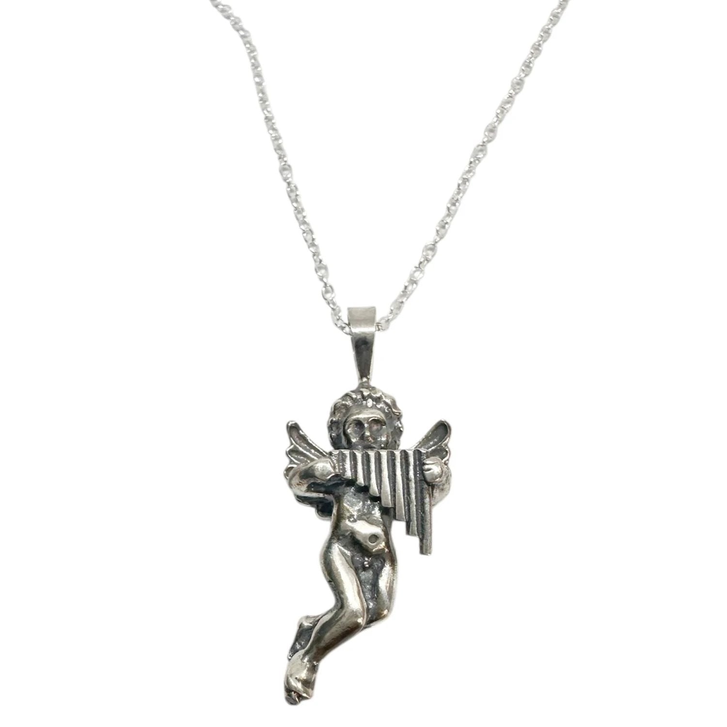 Sterling Silver Necklace – Handcrafted Cherub with Panflute Pendant by Tg-Jewellery By Tamara Gervasio (cherub-panflute-necklace-sterling-silver)
