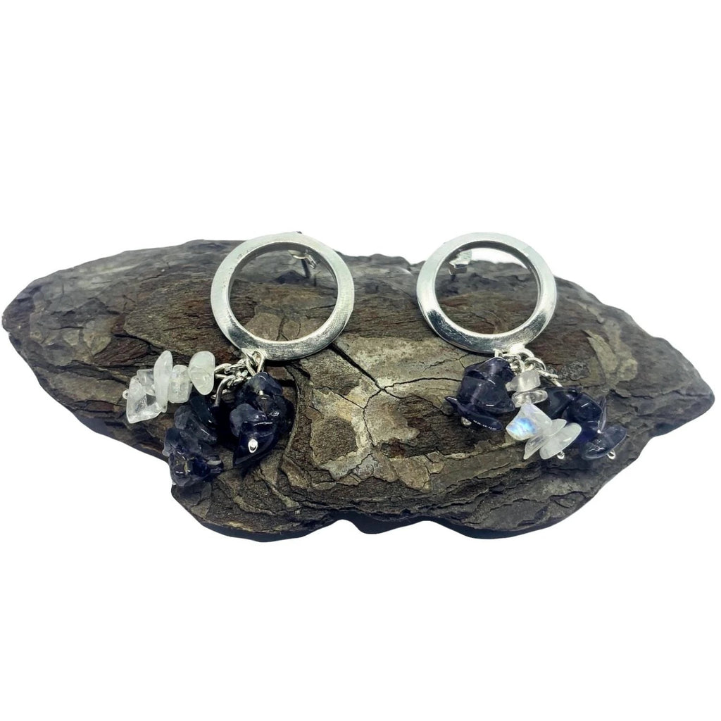 Moonstone Drop Earrings - Sterling Silver with Iolite Chips by Tg-Jewellery By Tamara Gervasio (round-stud-moonstone-iolite-drop-earrings-sterling-silver)