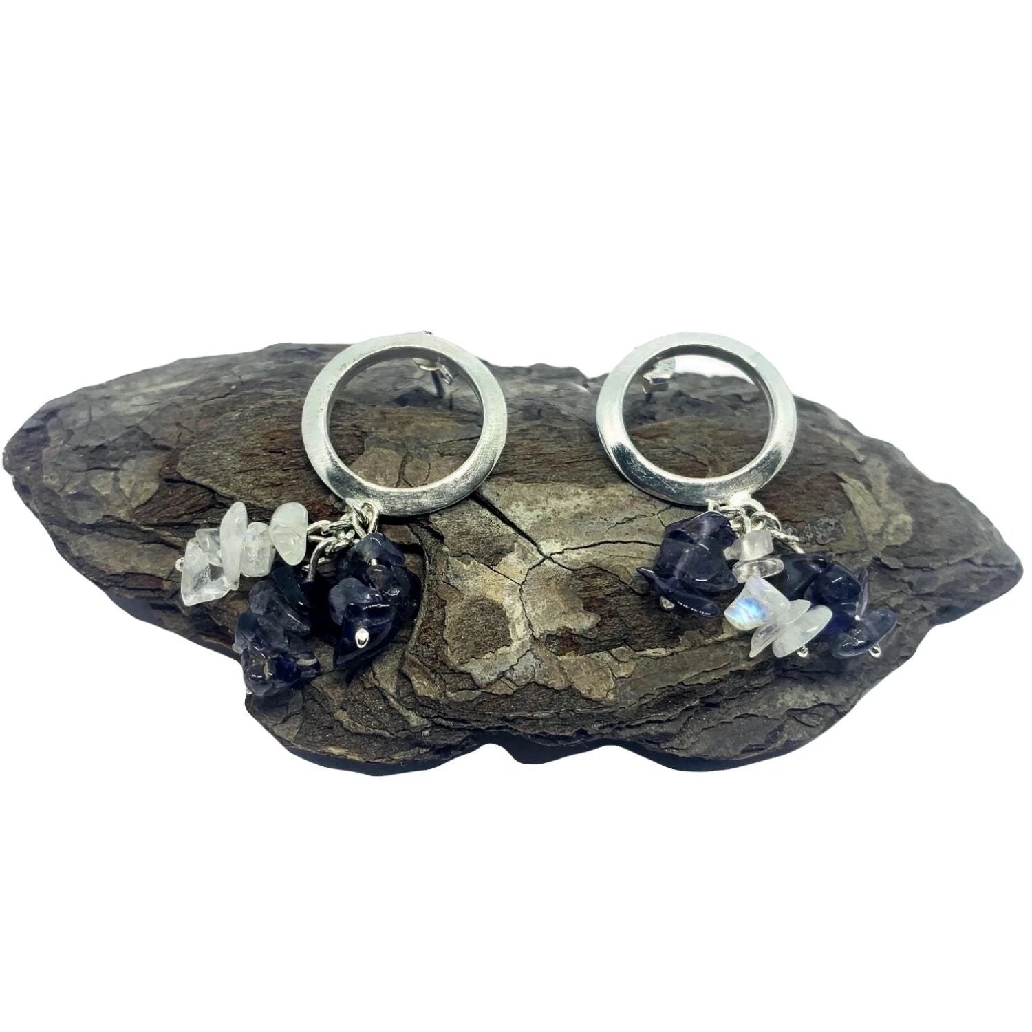 Moonstone Drop Earrings - Sterling Silver with Iolite Chips by Tg-Jewellery By Tamara Gervasio (round-stud-moonstone-iolite-drop-earrings-sterling-silver)
