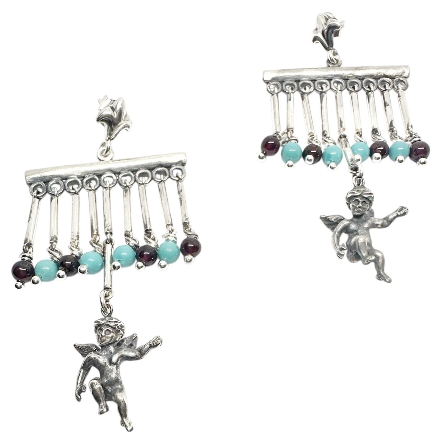 Chandelier Earrings – Sterling Silver Cherub with Garnet & Turquoise by Tg-Jewellery By Tamara Gervasio (sterling-silver-cherub-chandelier-earrings-with-garnet-turquoise-lost-wax-carving)