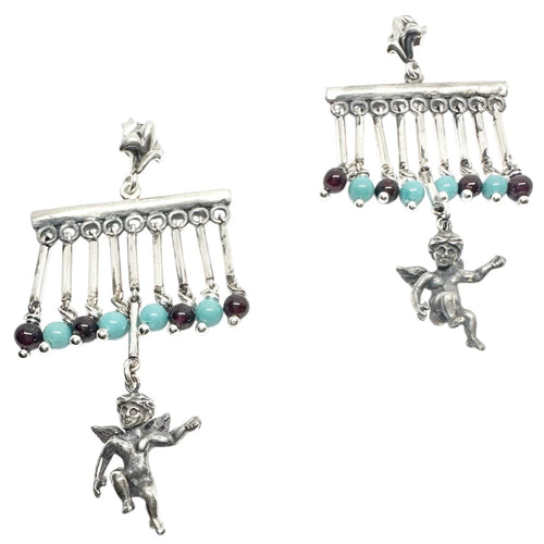 Chandelier Earrings – Sterling Silver Cherub with Garnet & Turquoise by Tg-Jewellery By Tamara Gervasio (sterling-silver-cherub-chandelier-earrings-with-garnet-turquoise-lost-wax-carving)