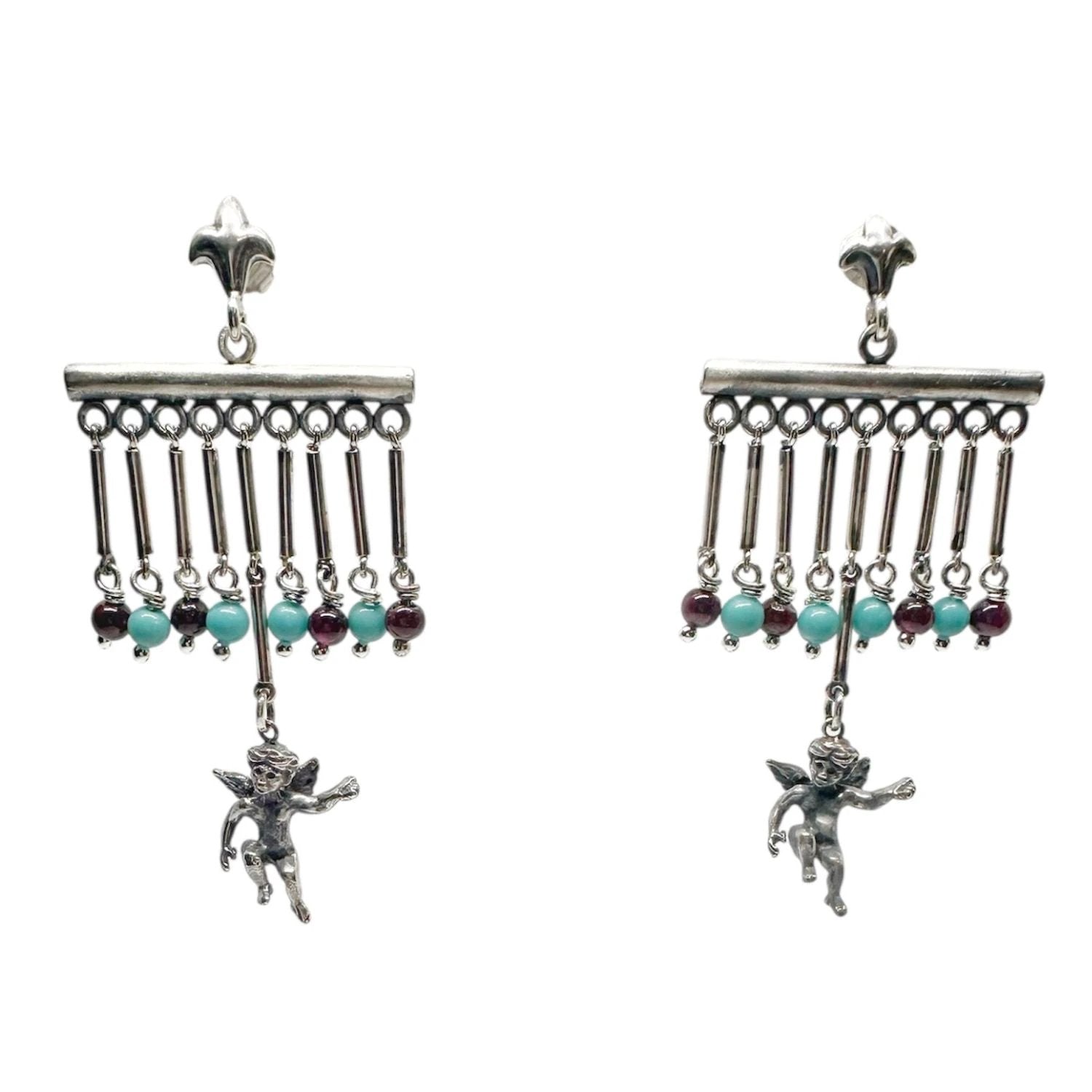 Chandelier Earrings – Sterling Silver Cherub with Garnet & Turquoise by Tg-Jewellery By Tamara Gervasio (sterling-silver-cherub-chandelier-earrings-with-garnet-turquoise-lost-wax-carving)