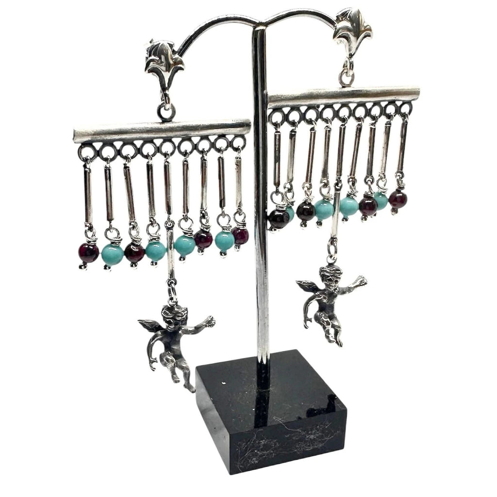 Chandelier Earrings – Sterling Silver Cherub with Garnet & Turquoise by Tg-Jewellery By Tamara Gervasio (sterling-silver-cherub-chandelier-earrings-with-garnet-turquoise-lost-wax-carving)
