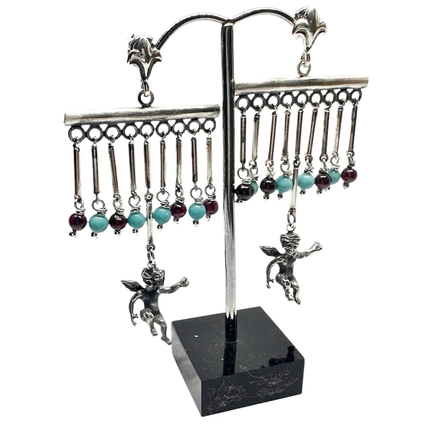 Chandelier Earrings – Sterling Silver Cherub with Garnet & Turquoise by Tg-Jewellery By Tamara Gervasio (sterling-silver-cherub-chandelier-earrings-with-garnet-turquoise-lost-wax-carving)