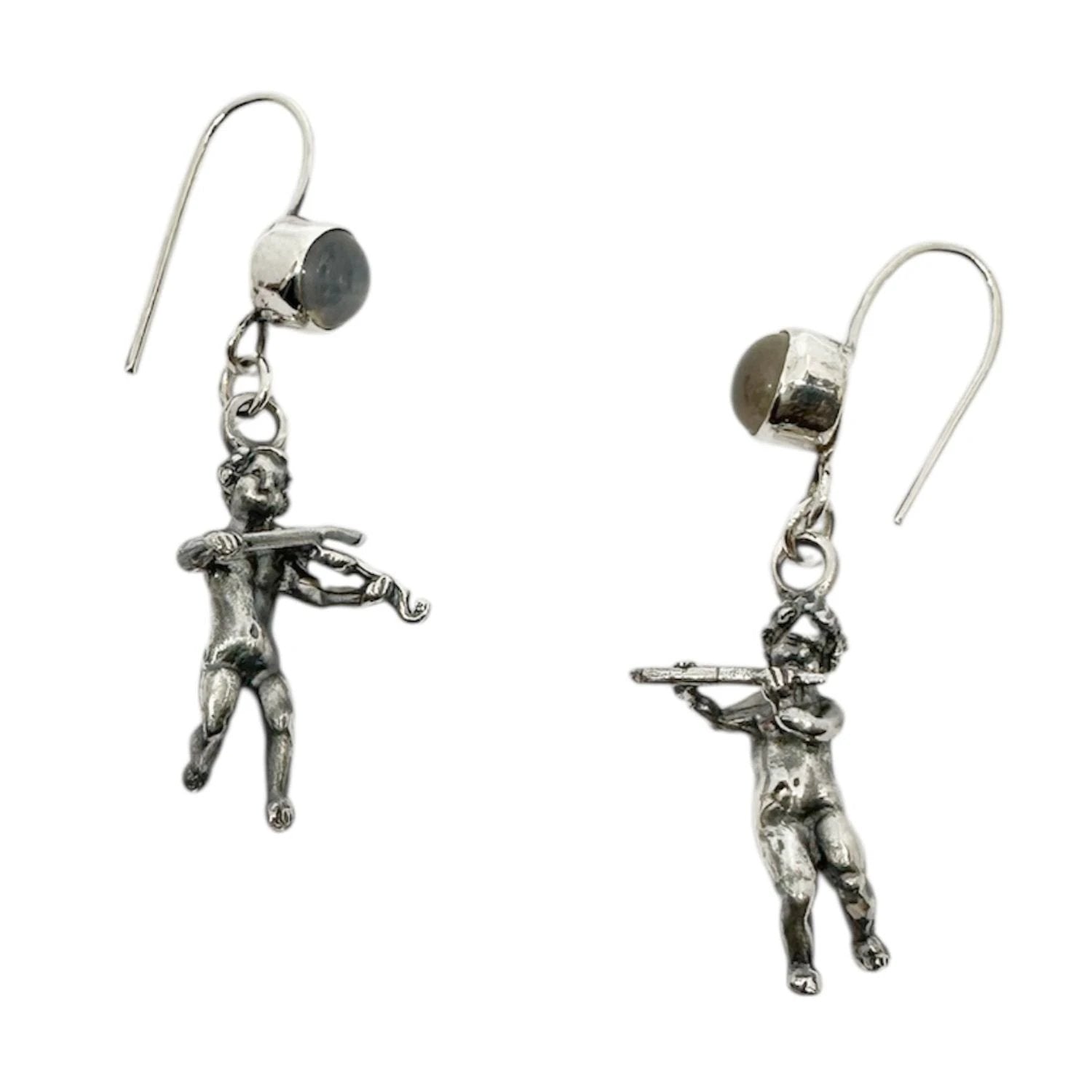 Sterling Silver Earrings – Handcrafted Violin & Flute Cherub Design by Tg-Jewellery By Tamara Gervasio (violin-flute-cherub-earrings-in-sterling-silver-with-cat-s-eye-gemstones-one-of-a-kind)