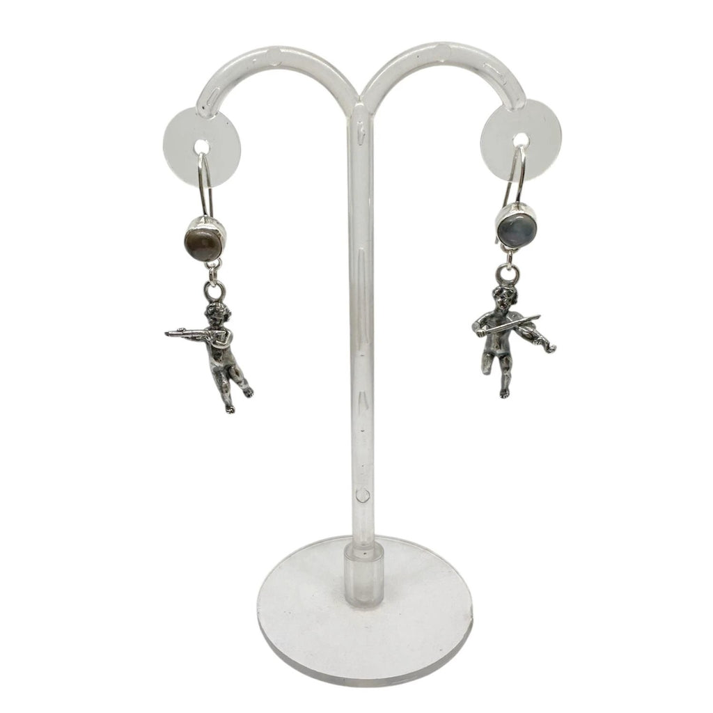 Sterling Silver Earrings – Handcrafted Violin & Flute Cherub Design by Tg-Jewellery By Tamara Gervasio (violin-flute-cherub-earrings-in-sterling-silver-with-cat-s-eye-gemstones-one-of-a-kind)