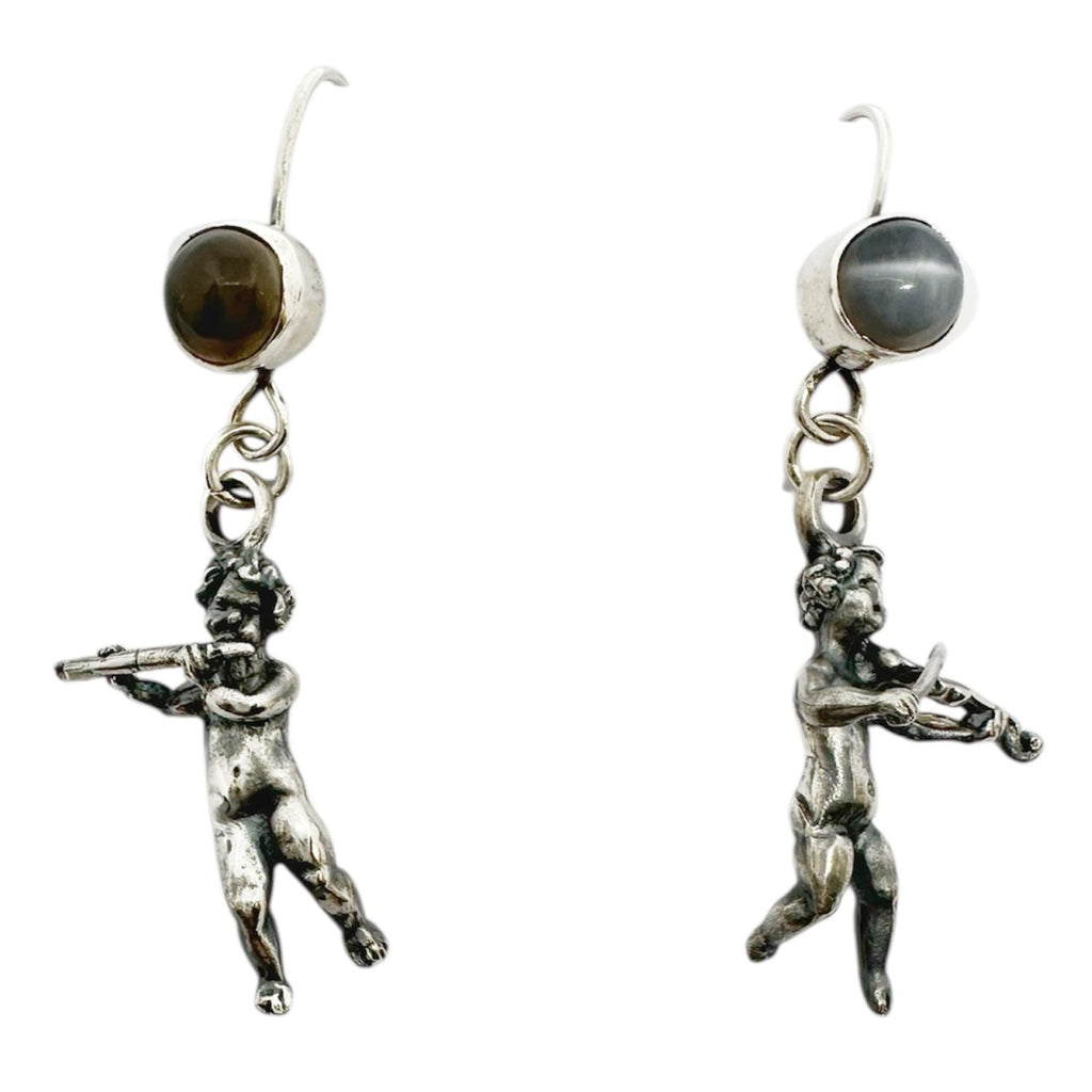 Sterling Silver Earrings – Handcrafted Violin & Flute Cherub Design by Tg-Jewellery By Tamara Gervasio (violin-flute-cherub-earrings-in-sterling-silver-with-cat-s-eye-gemstones-one-of-a-kind)