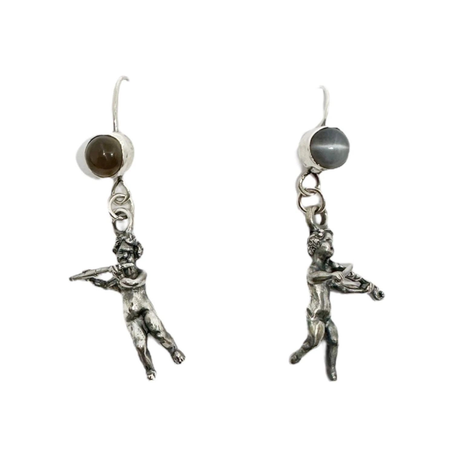 Sterling Silver Earrings – Handcrafted Violin & Flute Cherub Design by Tg-Jewellery By Tamara Gervasio (violin-flute-cherub-earrings-in-sterling-silver-with-cat-s-eye-gemstones-one-of-a-kind)