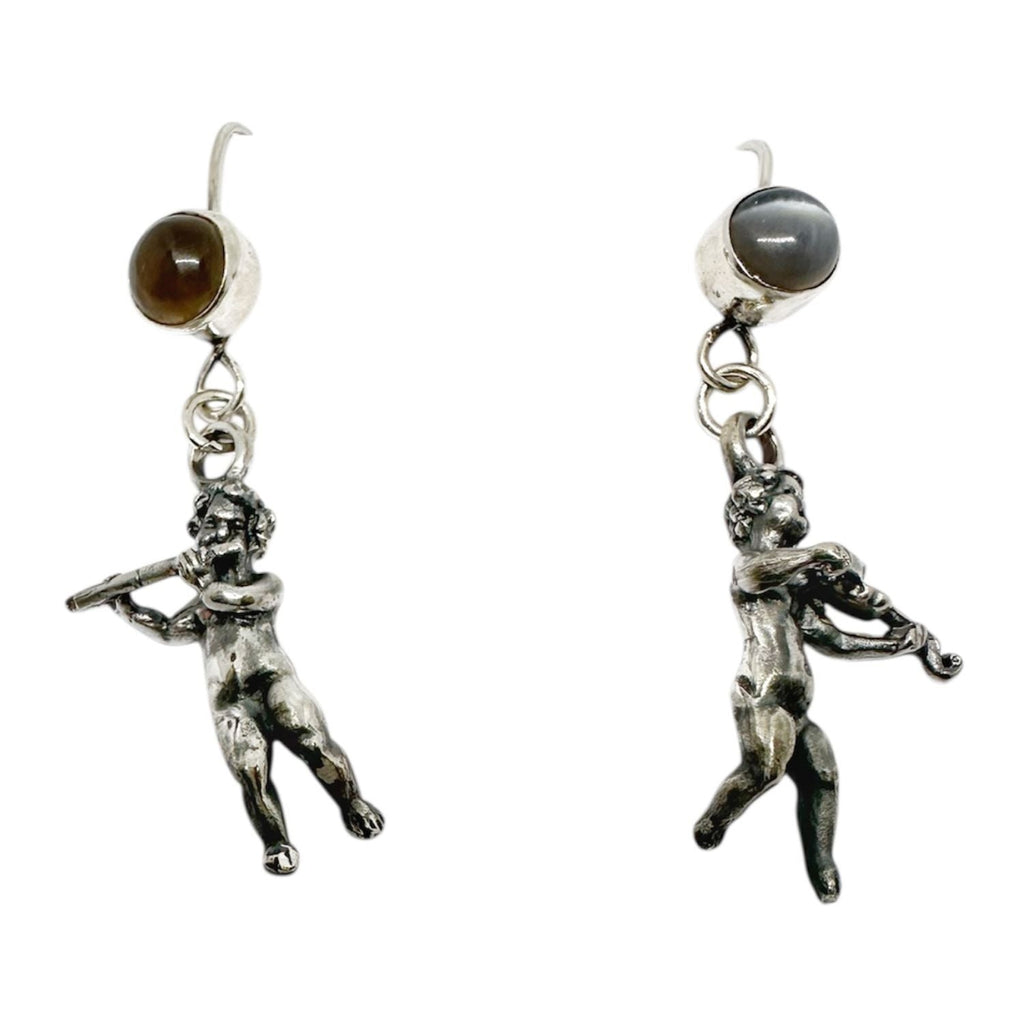 Sterling Silver Earrings – Handcrafted Violin & Flute Cherub Design by Tg-Jewellery By Tamara Gervasio (violin-flute-cherub-earrings-in-sterling-silver-with-cat-s-eye-gemstones-one-of-a-kind)