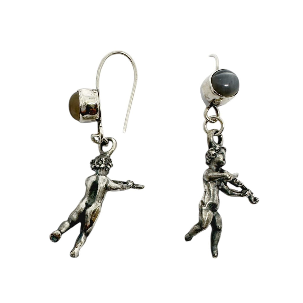 Sterling Silver Earrings – Handcrafted Violin & Flute Cherub Design by Tg-Jewellery By Tamara Gervasio (violin-flute-cherub-earrings-in-sterling-silver-with-cat-s-eye-gemstones-one-of-a-kind)