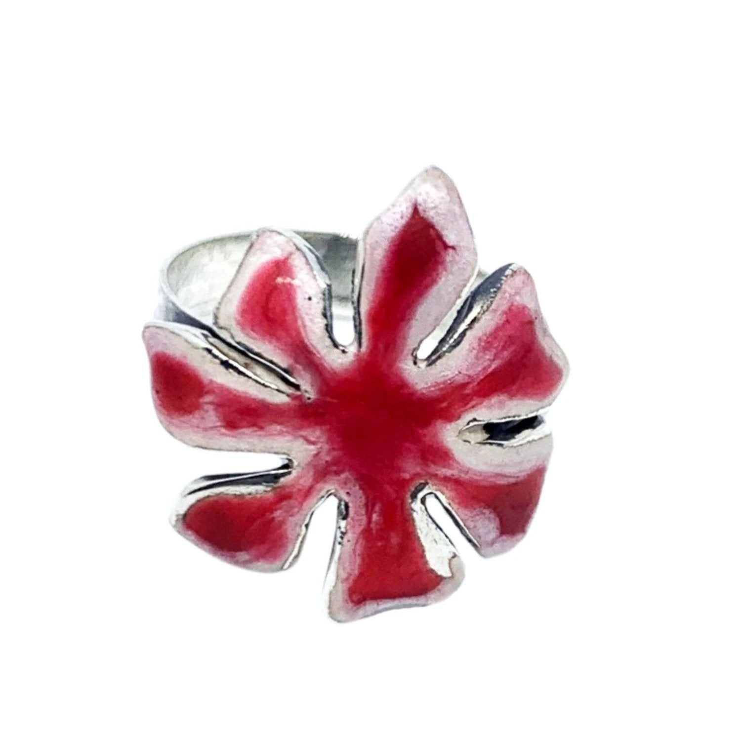 Sterling Silver Flower Ring - Handcrafted Enamel Statement Piece by Tg-Jewellery By Tamara Gervasio (flower-ring-sterling-silver-925-with-white-red-enamel-one-of-a-kind)