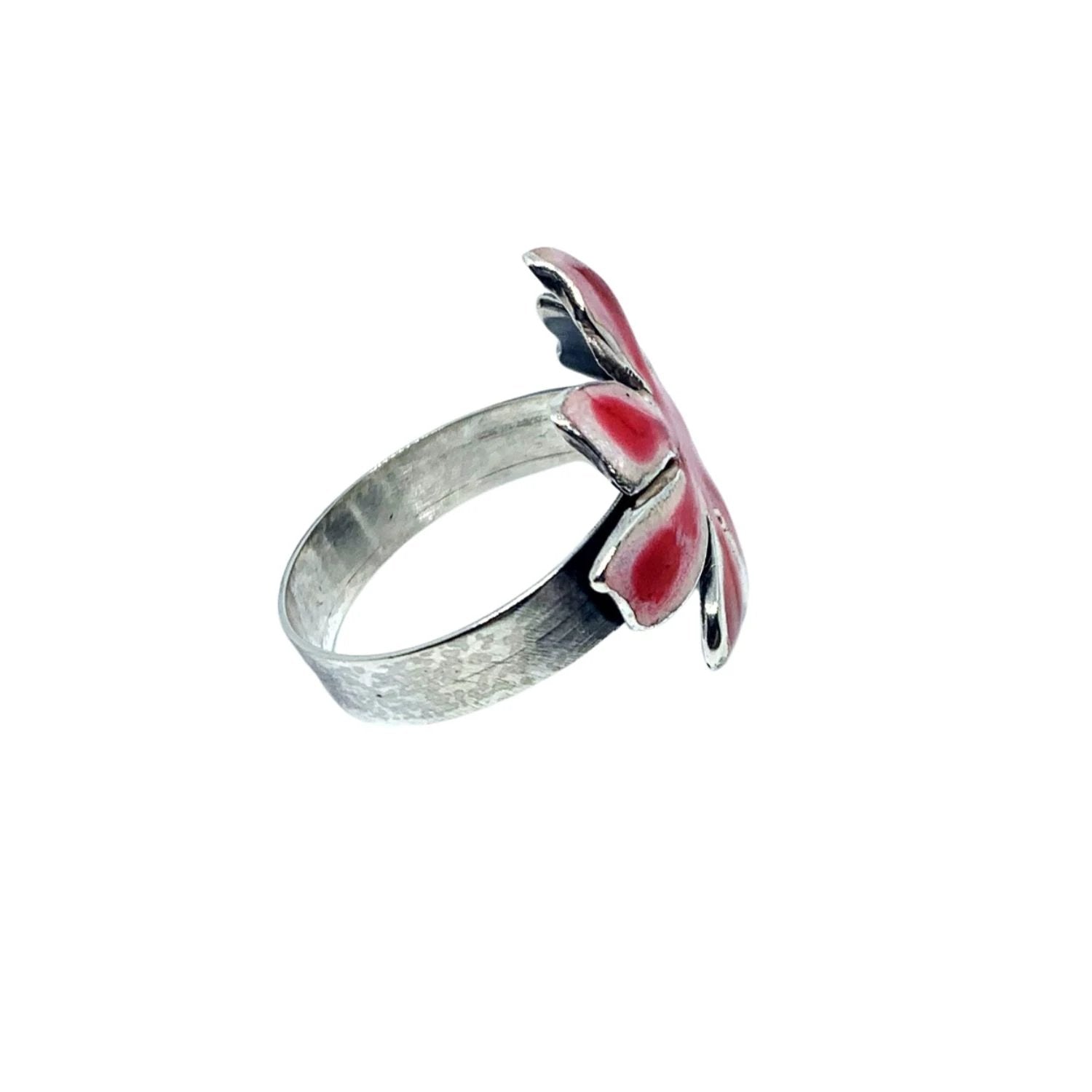 Sterling Silver Flower Ring - Handcrafted Enamel Statement Piece by Tg-Jewellery By Tamara Gervasio (flower-ring-sterling-silver-925-with-white-red-enamel-one-of-a-kind)