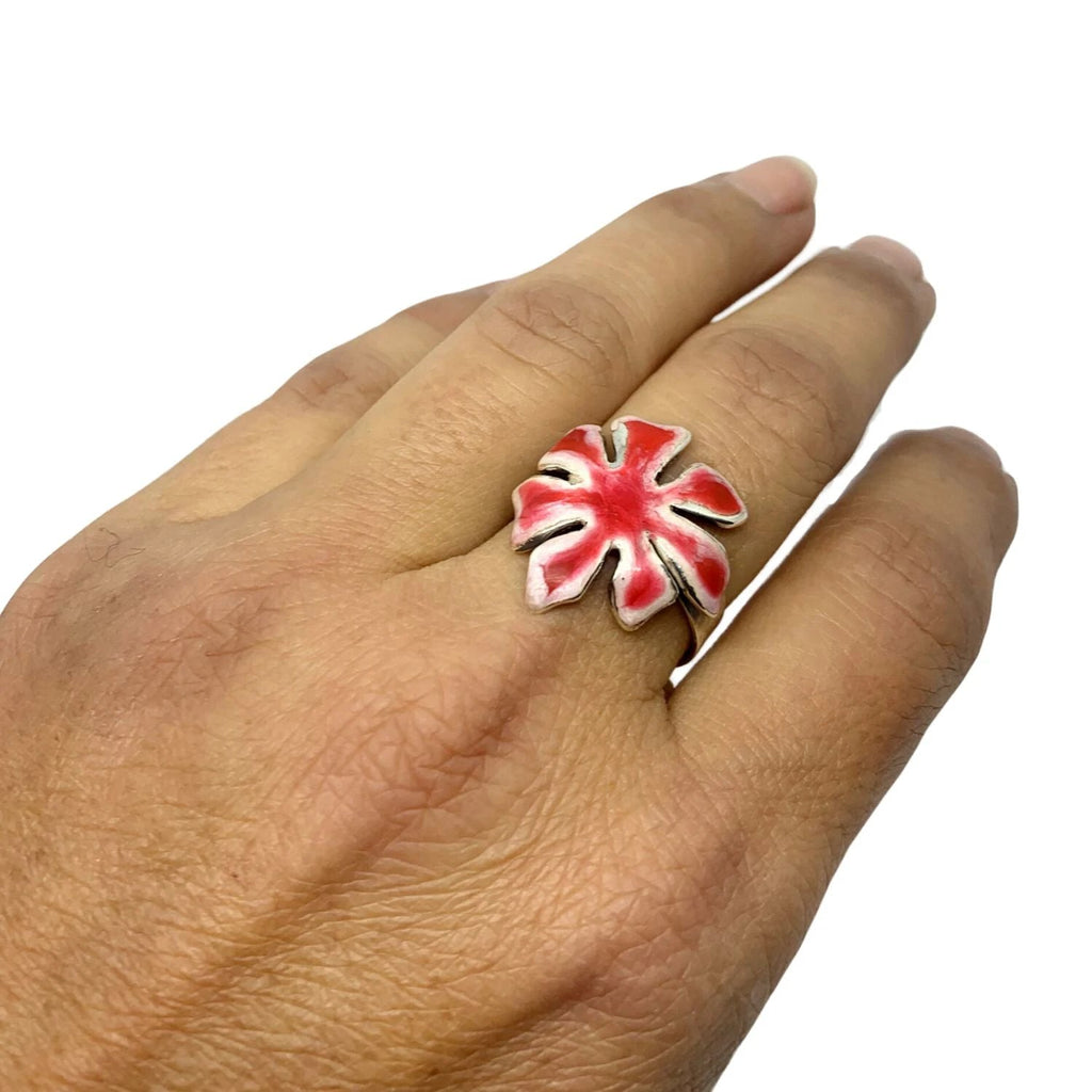 Sterling Silver Flower Ring - Handcrafted Enamel Statement Piece by Tg-Jewellery By Tamara Gervasio (flower-ring-sterling-silver-925-with-white-red-enamel-one-of-a-kind)