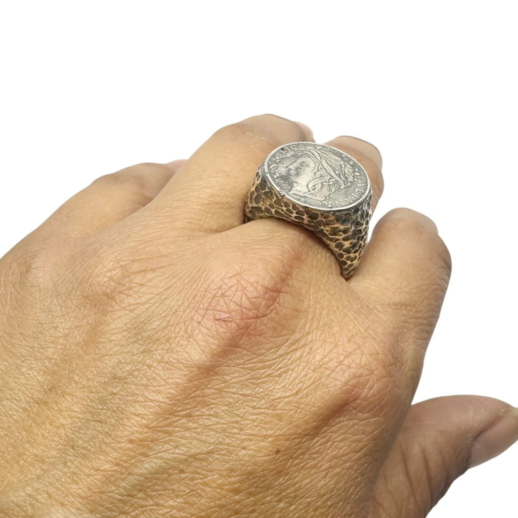 Roman Coin Signet Ring – Handcrafted Sterling Silver Statement by Tg-Jewellery By Tamara Gervasio (roman-lira-coin-signet-ring-sterling-silver-artisan-design)