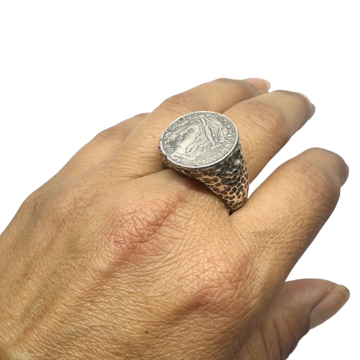 Roman Coin Signet Ring – Handcrafted Sterling Silver Statement by Tg-Jewellery By Tamara Gervasio (roman-lira-coin-signet-ring-sterling-silver-artisan-design)
